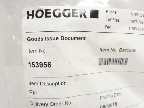 Hoegger 153956; Master Block Shear Pin; SS; 18mmOD; 8.5" Long