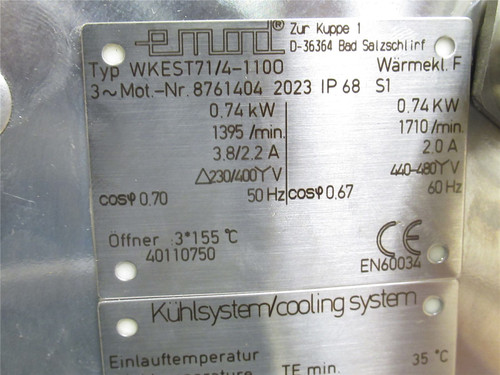 Emod WKEST71/4-1100; Water Cooled Motor; 0.74kW; 440/480VAC