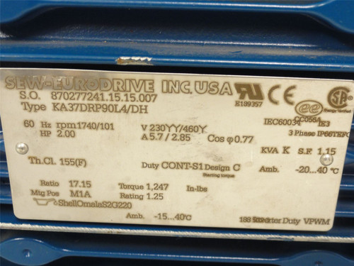 SEW KA37DRP90L4/DH; Gearmotor; MISSING FAN SHROUD 2HP 230-460V