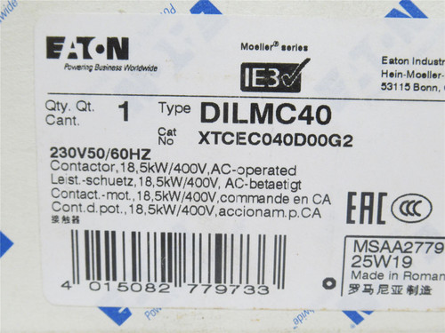 Eaton DILMC40; Contactor; 40A; 3P; 400VAC; Coil: 120VAC