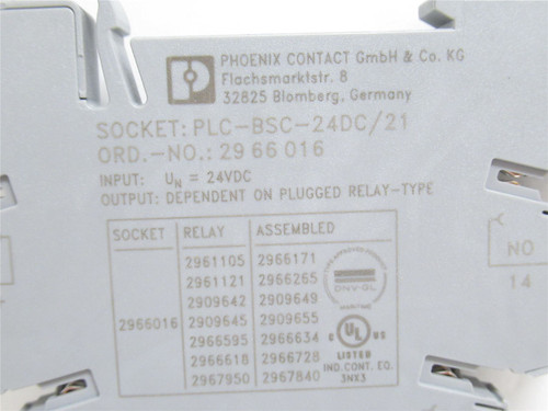 Phoenix PLC-BSC-24DC/21; Relay Socket 2966016; 24VDC; 5-Pin