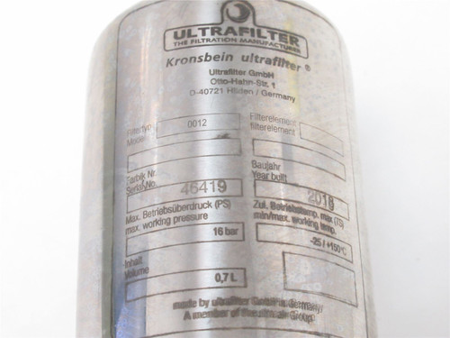 UltraFilter 12; Filter Housing; SS; 1/2" NPT; 16bar