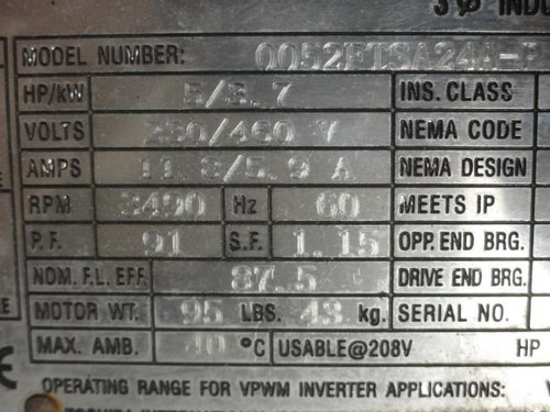 Toshiba 0052FTSA24A-P; AC Motor 5HP  230/460V 3490RPM 3PH