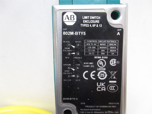 Allen-Bradley 802M-BTY5; Limit Switch 300VAC; 30A; 5' Wire