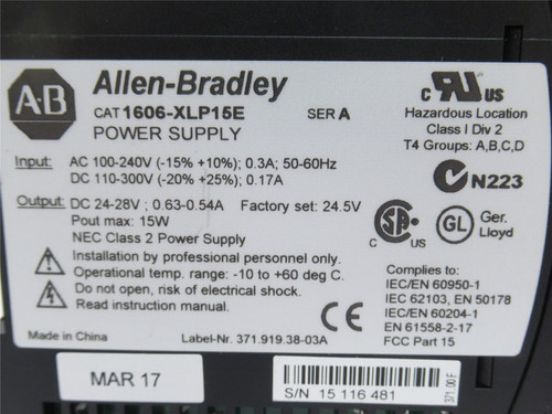 Allen-Bradley 1606-XLP15E; Power Supply; 100-240VAC; 0.3A In