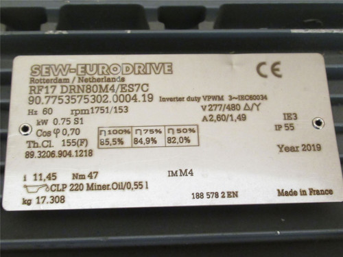 SEW RF17 DRN80M4/ES7C; Gearmotor W/Brake 11.4:1 Ratio; 0.75kW
