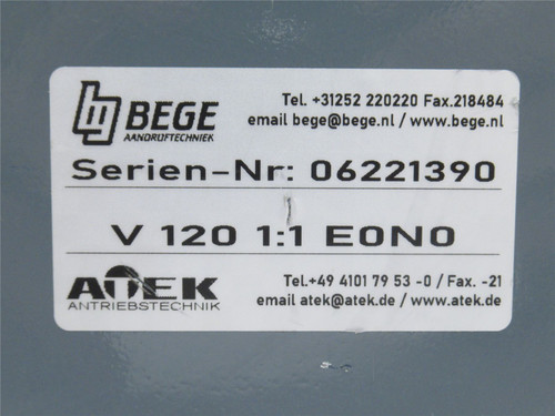 Bege V 120 1:1 E0NO; Bevel Gear Drive; RA; 1:1 Ratio