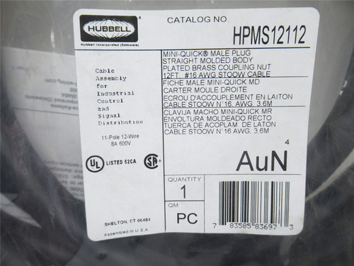 Hubbell HPMS12112; Straight Plug; Male; 12 Pole; 12' Long