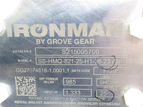 Grove Gear SS-HMQ-821-25-H1-56-23; Gearbox; SS; 25:1 Ratio