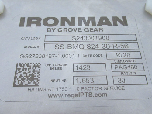 IRONMAN SS-BMQ-824-30-R-56; Gearbox; 1.653Hp; 30:1 Ratio