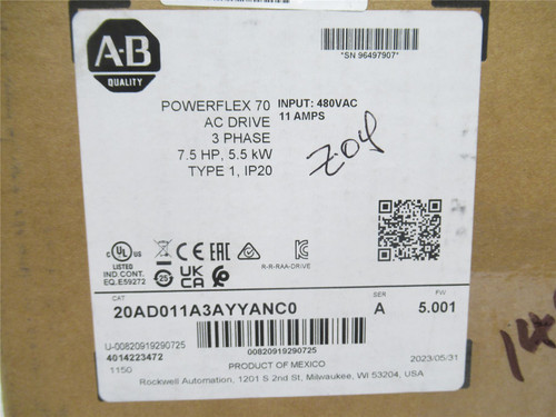 Allen-Bradley 20AD011A3AYYANC0; AC Drive; 7-1/2HP; 480VAC In