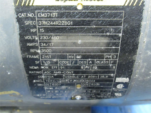 Baldor EM3713T; AC Motor; 15HP; 208-230/460V; 3500RPM; 3PH