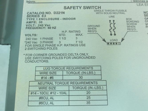 Square D D221N; Fusible Switch; 30A; 240VAC; 2P; NEMA1