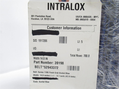 Intralox 52943372; Conveyor Belt S1100; 14" Wide x 9.4' Long