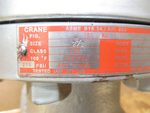 Crane VCR151XU212; Flange Globe Valve 2-1/2" Class 300; 740Psi