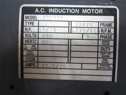 MFG- 232022; AC Motor; 15/16HP; 480V; 1775/1180RPM; 3PH; 60Hz
