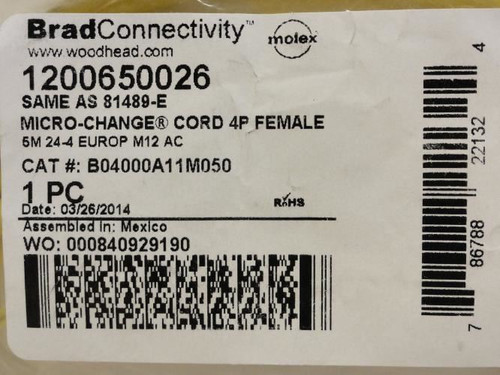 Brad Connectivity 1200650026; Cordset; 4P; 4-Pin QD