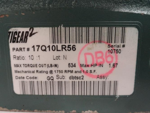 Dodge 17Q10LR56; Tigear2 Gearbox; 10:1 Ratio; 1.67Hp In; 1750Rpm