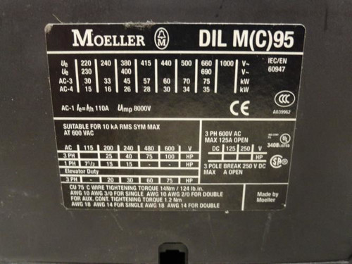 Moeller DILMC95; Contactor 95A 3P 500VAC Coil: 120VAC