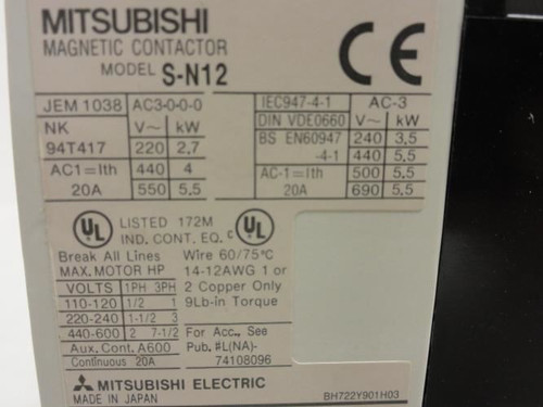 Mitsubishi MSO-N12; Starter 20A 3P 600V Max Coil: 100-110V@60HZ