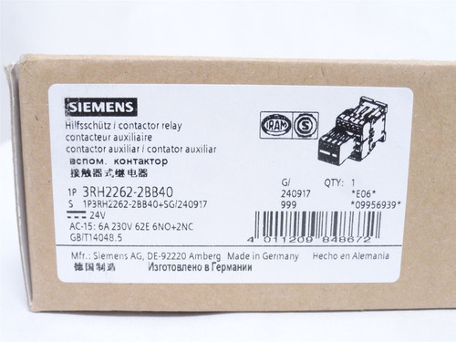 Siemens 3RH2262-2BB40; Control Relay; 6A; 230VAC; Coil: 24VDC