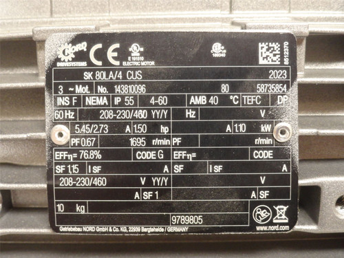 Nord SK80LA/4CUS; AC Motor 1-1/2HP 208-230/460V 1695RPM 3PH