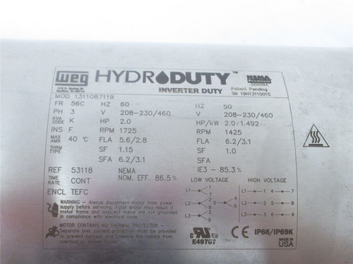 WEG 1311087119; HydroDuty AC Motor; 2.0HP; 208-230/460VAC