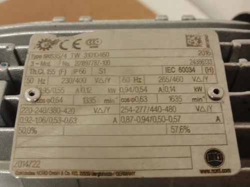 Nord SK63S/4; Geared Motor; 0.14kW; 230/460V;1635RPM; 3Ph