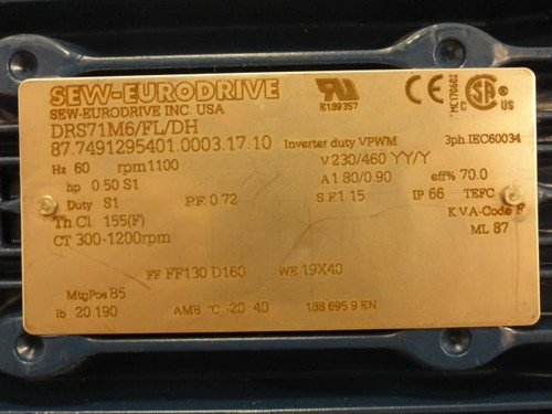 SEW-EuroDrive DRS71M6/FL/DH; AC Motor;0.50HP; 230/460V; 1100RPM