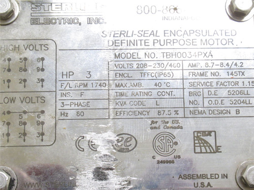 Sterling THH0034PXA; AC Motor 3HP; 208-230/460V; 1740RPM; 3PH; 60Hz