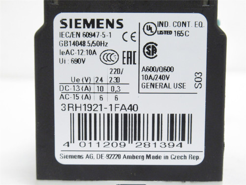 Siemens 3RH1921-1FA40; Aux Contactor; 4-NO; 10A@240VAC; GU