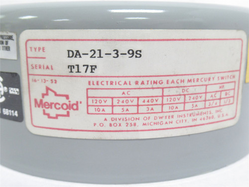 Mercoid DA-21-3-9S; Bourdon Tube Pressure Switch; 10-300PSIG