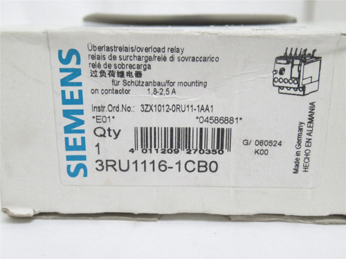 Siemens 3RU1116-1CB0; Overload Relay; 1.8-2.5A; 600VAC