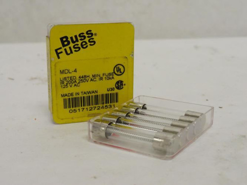 Bussmann MDL-4; Box-5; Time Lag Glass Fuses; 4A; 250VAC