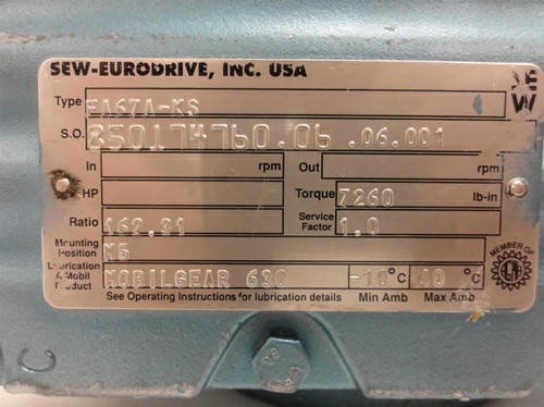 SEW FA67A-KS; Gearbox; 162:31 Ratio; 7260 lb-in Torque