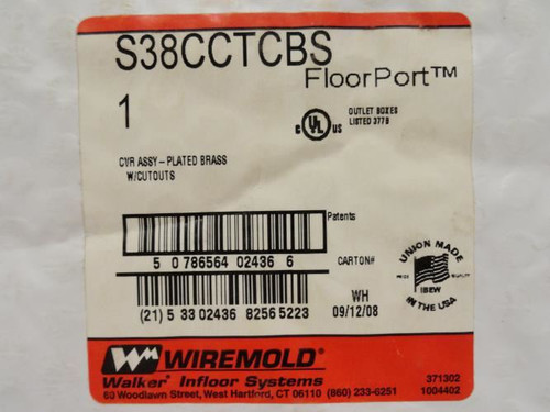 WireMold S38CCTCBS; Brass Plated Cover Assy; W/Cutouts