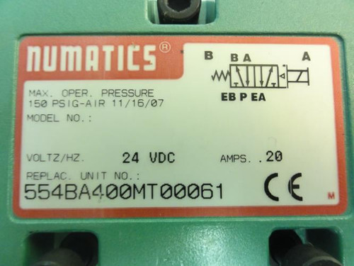 Numatics 554BA400MT00061; Solenoid Valve; 0.2A; 24VDC; 150PSIG