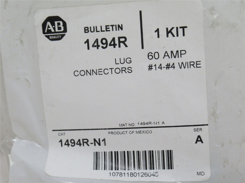 Allen-Bradley 1494R-N1; Bag-3; Mechanical Lug Connectors; 60A