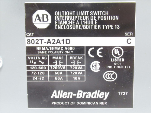 Allen-Bradley 802T-A2A1D; Limit Switch; 2-Head; 10A; 600VAC