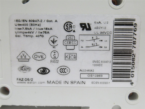 Eaton FAZ-D5/2; Circuit Breaker 5A; 2P; 480VAC; DIN Rail