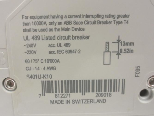 ABB S401U-K10; Mini-Circuit Breaker; 10A; 1P; 230/240V