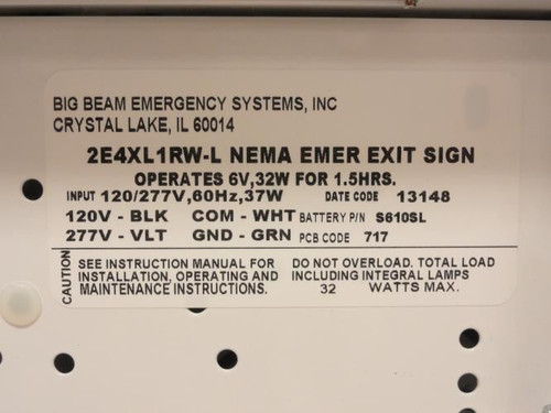Big Beam 2E4XL1RW-L; Emergency Exit Sign; NEEDS BATTERY