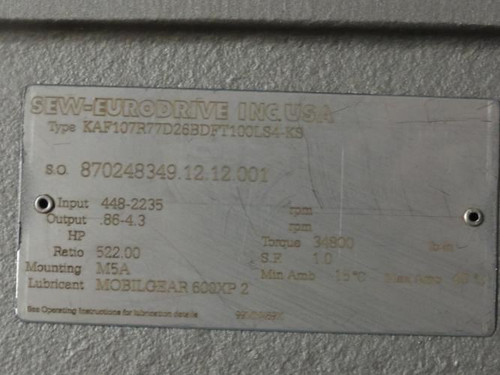 SEW KAF107R77D268BDFT100LS4-KS; Gearmotor 522:1 Ratio; 3Hp