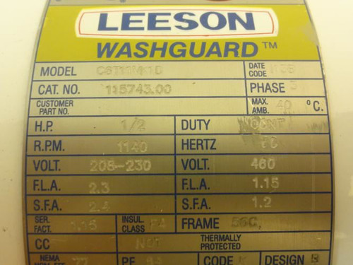 Leeson 115743; AC Motor; 1/2HP; 1140RPM; 208-230/460V