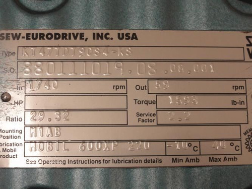SEW KT47TDT90S4-KS-29:32; Gearmotor; 29.32:1 Ratio; 230/460V