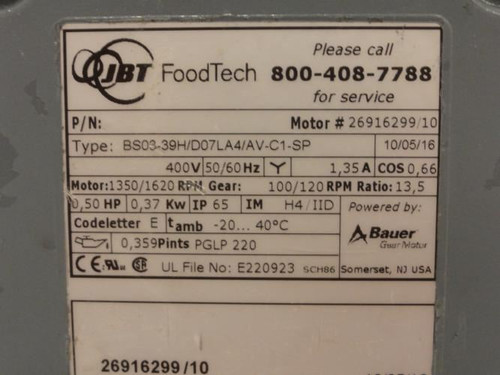 JBT BS03-39H/D07LA4/AV-C1-SP; Gear Motor; 0.5HP; 400V; 13.5:1