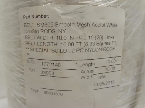 Habisat SM605-10; Smooth White Acetal Conveyor Belt 10"W x 10'L