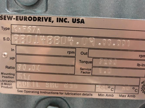 SEW KAF67A; Gearbox; 90.04 Ratio; 7260 lb-in Torque; Ser: K