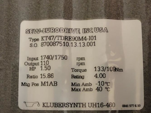 SEW KT47/TDRE90M4-I01; Gearmotor; 15:86 Ratio; 1-1/2Hp; 1750Rpm