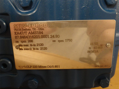 SEW KA47TAM1821958; Inline Gearbox; 6.58:1 Ratio; 266RPM